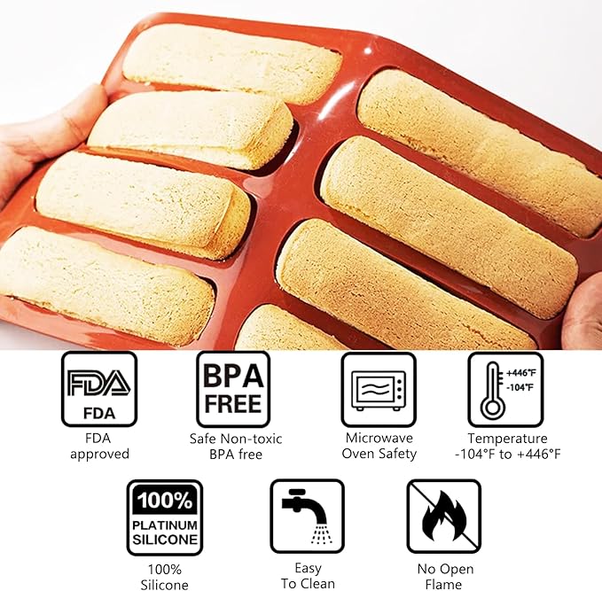 Silicone Finger Biscuit Mold, 8 Cavities, 11x6.7 inch, Set of 2 Baking Mold for Eclairs and Chocolate Bars