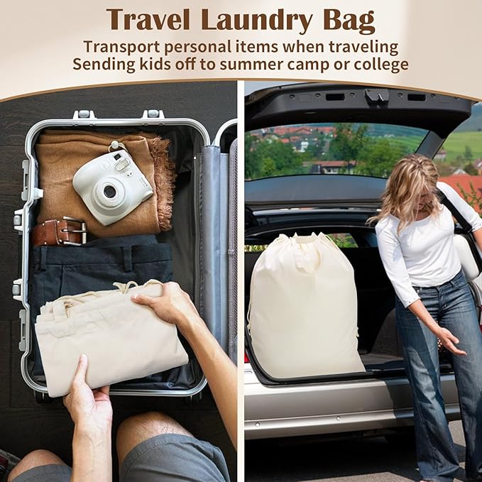 Canvas Laundry Bag with Handles & Drawstring Closure 27.5”x35", Thick Cotton Laundry Bag Heavy Duty Washable Dirty Clothes Travel Sack for Camp, College Dorm, Laundromat (Beige L, 2 Pack)