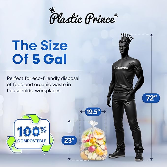 5-Gallon Compostable Trash Bags Biodegradable Trash Bags, 19.5" x 23" 0.7 Mil Can Liners 12 Rolls of 25/Roll, 300/Case