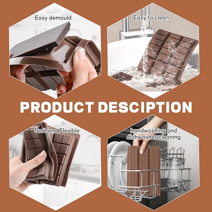 6-Piece Set Dubai Chocolate Bar Mold, Non-Stick Chocolate Molds Silicone, 100% Food Grade Silicone Candy Bar Mold, Changeable Shapes, Easy to Demould, for Pistachio Wax Melting Rectangle, with Brush*1
