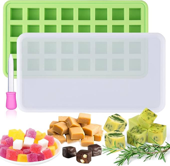 AIERSA Silicone Molds for Herb-Infused Oil Cubes, 1Pcs 32 Cavity Mini Candy Gummy Tray, 5/8x5/8x5/8in Square Chocolate Molds with Lids & 1 Droppers DIY Homemade Herbal Blocks, Jello, Pralines Caramels