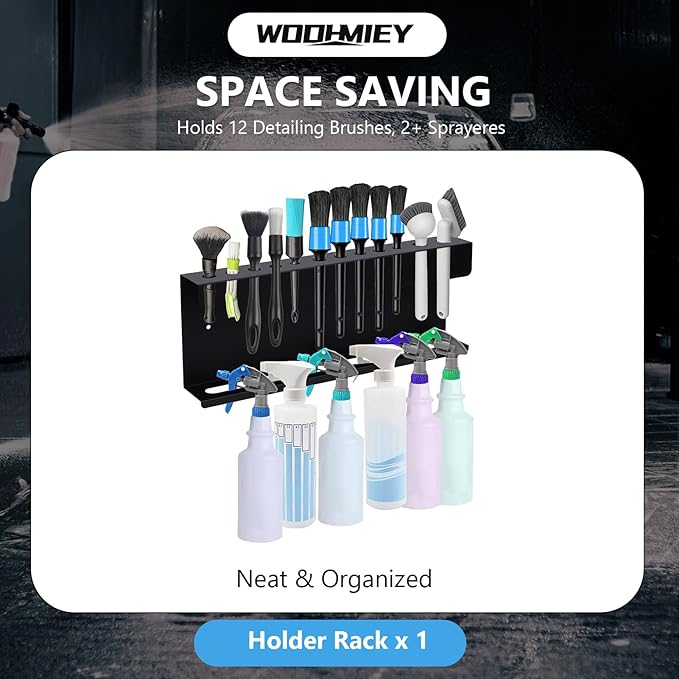 Wall Mounted Spray Bottle Holder and Detailing Brush Rack, Car Detailing Organizer with 12 Brush Slots and 2 Spray Bottle Holders, Garage Wall Organizer Tool Storage Rack for Auto Detailing