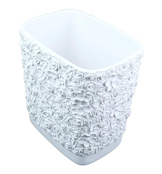 Hymmah Bathroom Trash Can 1.8 Gallon(7 Liter) Small Kitchen Garbage Can,Decor Wastebasket for Bedroom Office,Resin Hand-Carved Rose Flower White