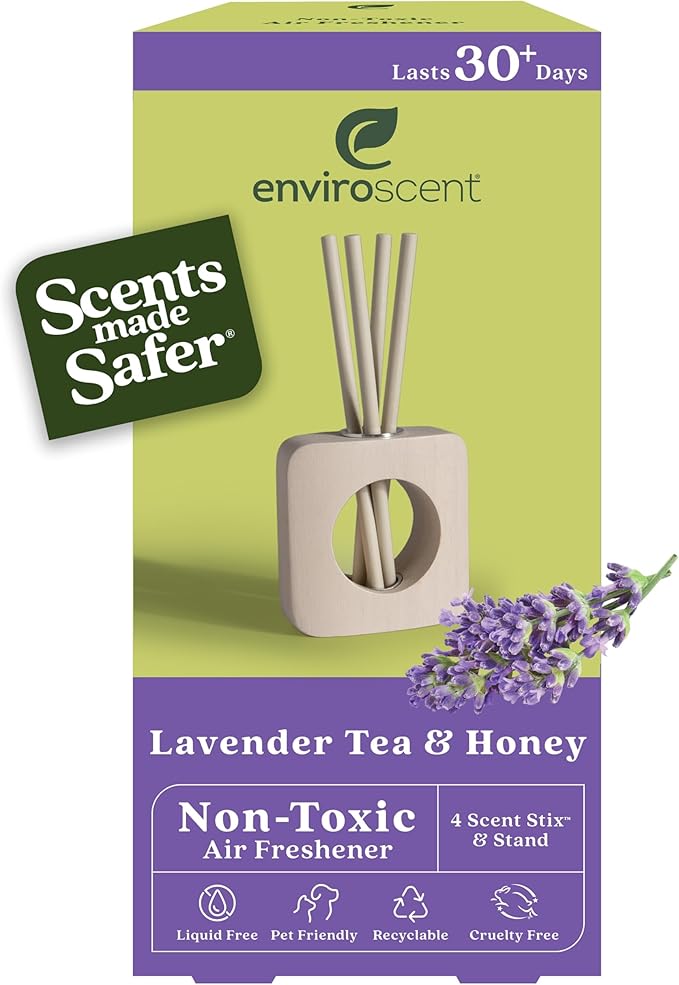 Enviroscent Non-Toxic Air Freshener for Home | Liquid Free Diffuser | Home Fragrance Lasts Over 30 Days | Kit includes 1 Mango Wood Stand & 1 Scent Stix Refill (Lavender Tea & Honey)