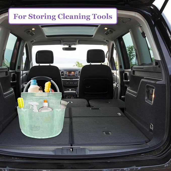 17L Cleaning Caddy for Cleaning Supplies, Foldable Tool Bucket Organizer with 6 Side Pockets, Portable Garden Tool Bag in PVC Resin, Folding Storage Basket for Camping, Gardening, Green