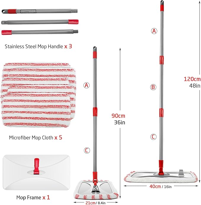 Masthome Extra Large Microfiber Mop for Floor Cleaning, 16“ Flat Mop with 5 Pad for Wet & Dry Use, Dust Mop for Hardwood Laminate Tile Ceramic, 1 Cleaning Scraper Included-Red