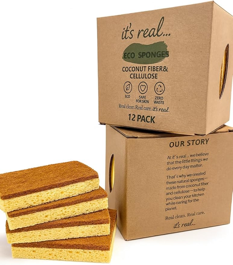 Eco Sponges – Coconut & Cellulose Kitchen Sponges, Biodegradable, Compostable, Plastic-Free Cleaning Scrubbers (12 Pack)