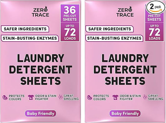 Zero Trace All Natural Baby Laundry Detergent Sheets - Powerful Eco-Friendly Travel Laundry Strips for Sensitive Skin (144 Loads 72 Sheets)