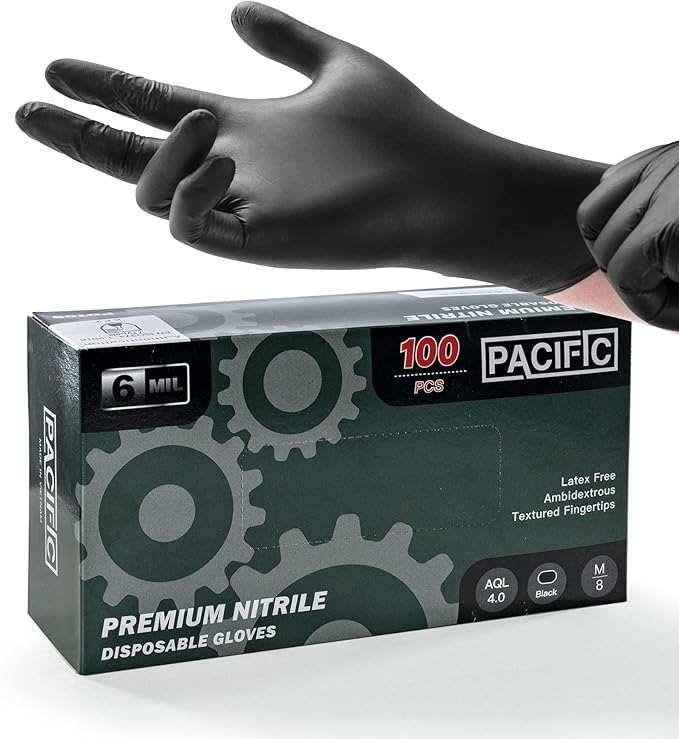 PACIFIC PPE 6-mil Black Nitrile Disposable Gloves, Food-Safe, Powder-Free, Cleaning, Textured Fingertips, Latex-Free, Medium