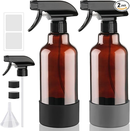 Glass Amber Spray Bottles with Silicone Sleeve, 2 Pack 16.9oz Refillable Containers with Adjustable Spray Nozzles, Empty Spray Bottle for Cleaning Solutions, Hair, Plants, Essential Oils (Black+Grey)