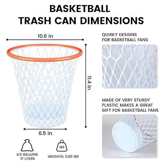 Basketball Trash Can,4.5 Gallon Wastebasket, Easter basket,Garbage Can, Basketball Hoop Style,Basketball Net Waste Basket,Basketball gift,Basketball-Themed Gift,Size Dia11"x12"for Basketball Party.