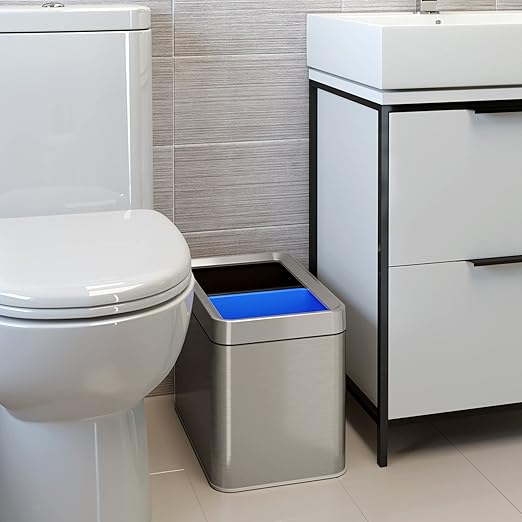 iTouchless 20 Liter / 5.3 Gallon Open Top Waste Trash Can & Recycle Bin with 2 Recycle Stickers, Dual Compartment Slim Stainless Steel Container