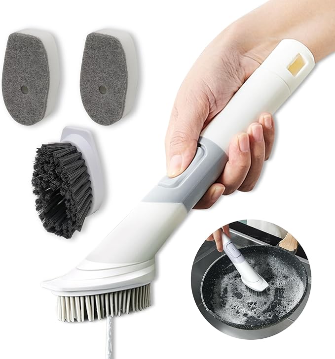 Dish Brush with Soap Dispenser, Dish Wand, Dish Sponge Set - Multi-Use Kitchen Sponges & Scrub Brush for Cleaning Dishes, Kitchen Dish Brush with Handle,4 Replacement Brush Heads