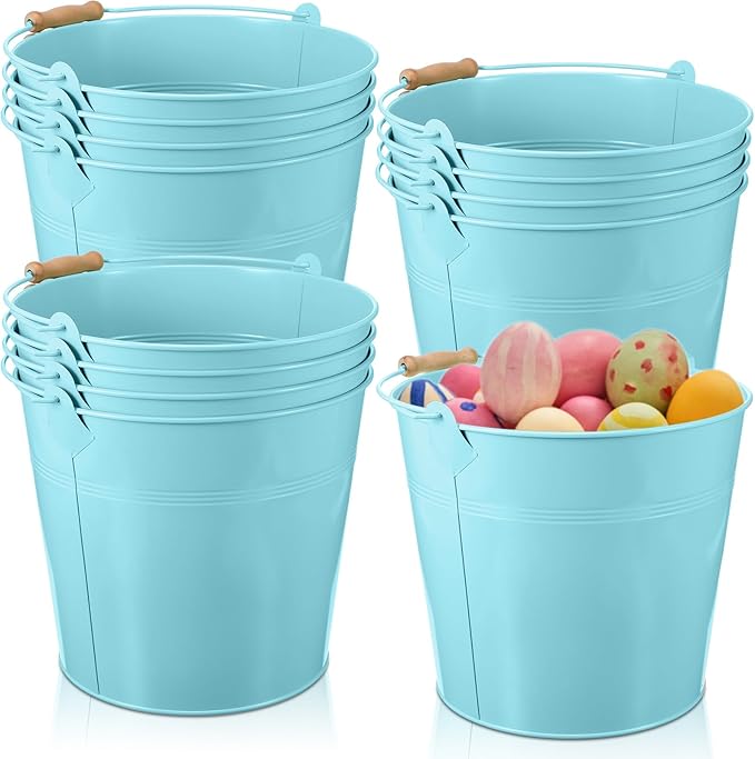 12 Pcs Large Galvanized Metal Buckets with Handle 10 Inch Heavy Duty Stainless Steel Pails Round Pail for Party Wedding, Crafts, Utensils, Table Centerpieces (Light Blue)