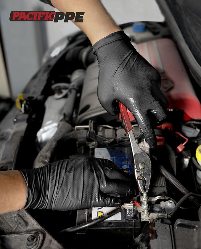 PACIFIC PPE 8 Mil Heavy Duty Black Nitrile Gloves, Food Safe, Latex Free, Mechanic, Fully-Diamond Textured Grip Industrial Disposable Gloves, Large