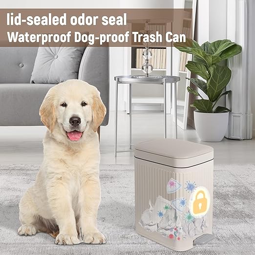 rejomiik Small Bathroom Trash Can with Lid 1.9 Gallon Step Trash Can Slim Garbage Can with Soft-Close Waste Bin for Bathroom, Bedroom, Office, Dorm, RV, Off-White