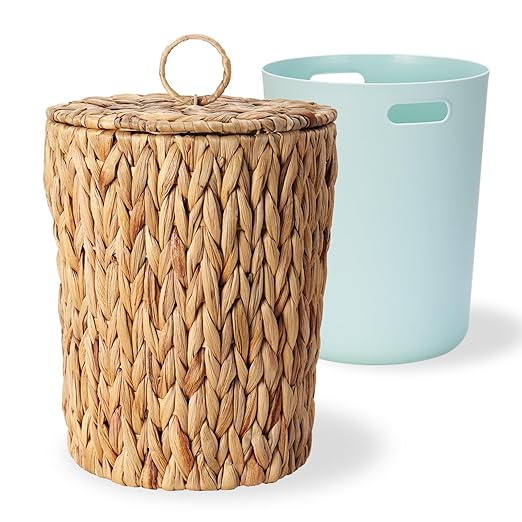 2 Gallon Wicker Trash Can with Lid - Bathroom Garbage Can with Removable Liner Bucket - Boho Hand Woven Water Hyacinth Wicker Waste Basket for Bedroom, Living Room, Home, Office