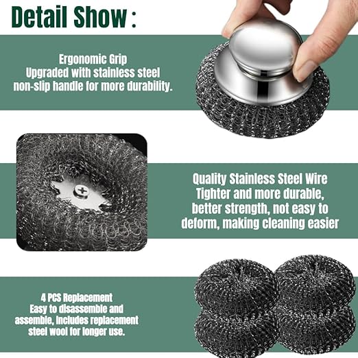 Steel Wool Scrubber with Handle: 7Pcs Stainless Steel Scrubber Brush Set – 2 Brushes, 4 Replaceable Pads, 1 Screwdriver for Home Cooks,BBQ Enthusiasts Anti-Scratch, for Grill, Pot, Stove, DIY Use