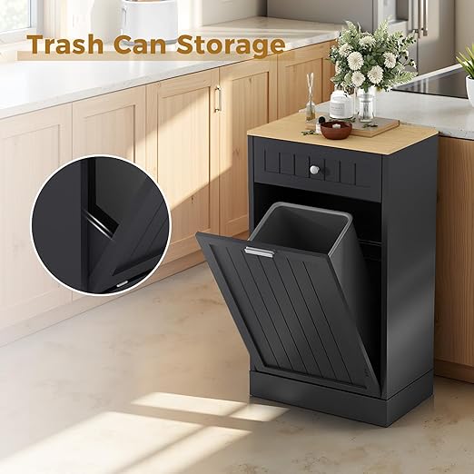 10 Gallon Tilt Out Trash Cabinet, Wood Freestanding Garbage Recycling Cabinet with 1 Door, Hideaway Drawer & Pet Proof Design, Black Trash Bin Holder for Kitchen, Living Room