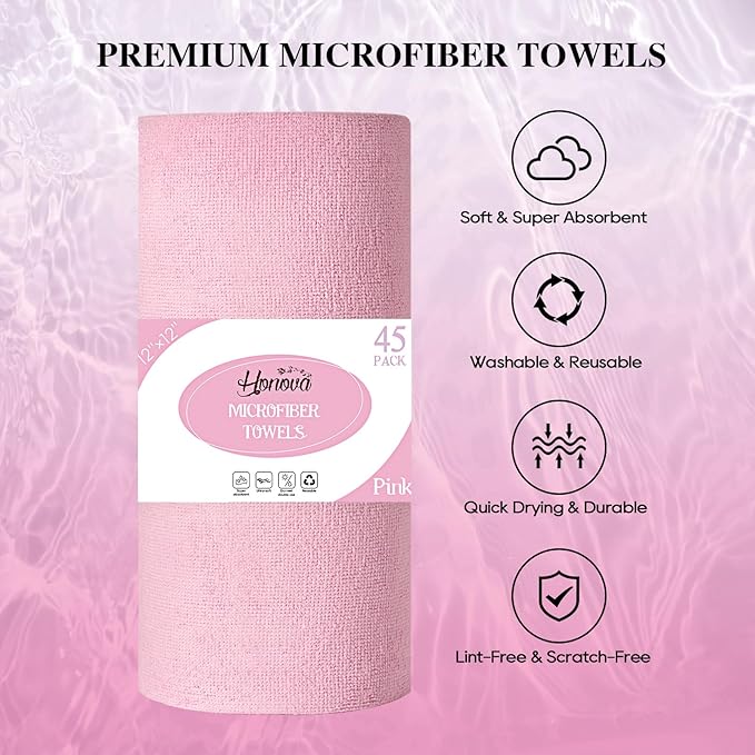 HONOVA Microfiber Cleaning Cloth Roll 45 Pack, 12''×12" Reusable Paper Towels, Tear Away Microfiber Towels, Highly Absorbent, All-Purpose Washable Cleaning Rags for Kitchen, Window, Car, Shop (Pink)