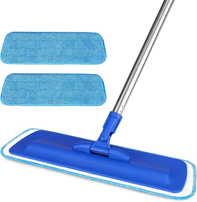 17.5" Professional Microfiber Floor Cleaning Mop, Flat Mop with Stainless Steel Handle, 2 Reusable Washable Pads, Wet and Dust Mopping for Hardwood, Vinyl, Laminate, Tile Cleaning (Blue)