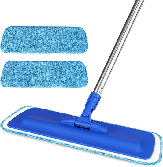 17.5" Professional Microfiber Floor Cleaning Mop, Flat Mop with Stainless Steel Handle, 2 Reusable Washable Pads, Wet and Dust Mopping for Hardwood, Vinyl, Laminate, Tile Cleaning (Blue)