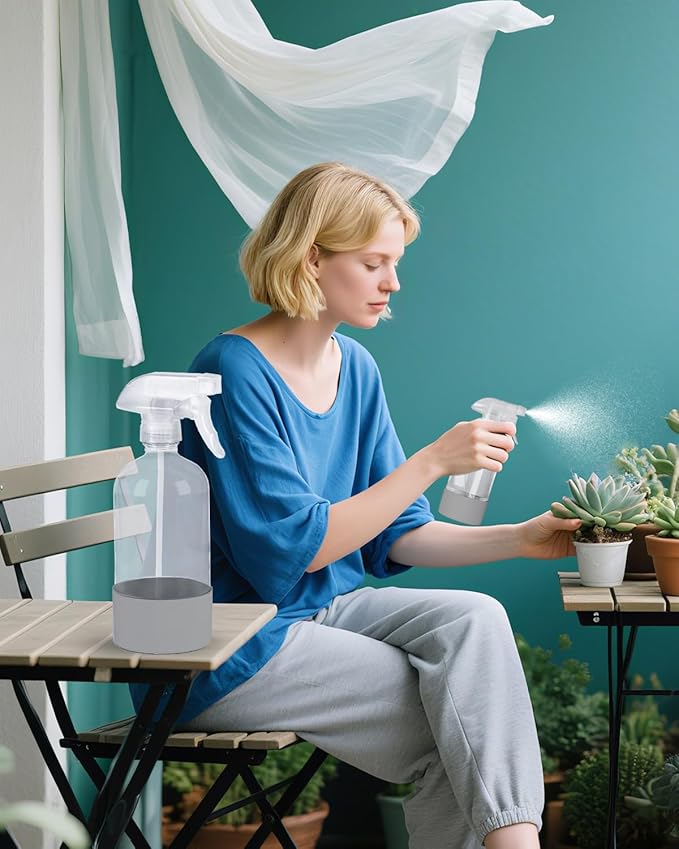 2 Pack 360° Glass Spray Bottles with Silicone Sleeve, 16 oz Empty Refillable Containers with Adjustable Spray Nozzles, Spray Bottles for Hair, Cleaning Solutions and Plants Grey