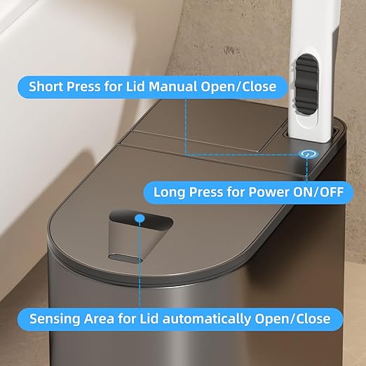 Bathroom Trash Can with Lid - Motion Sensor Smart Garbage Bin with Toilet Brush, 2 Gallon / 7L Small Automatic Trash Can, Odor-Control for Bathroom (Grey)