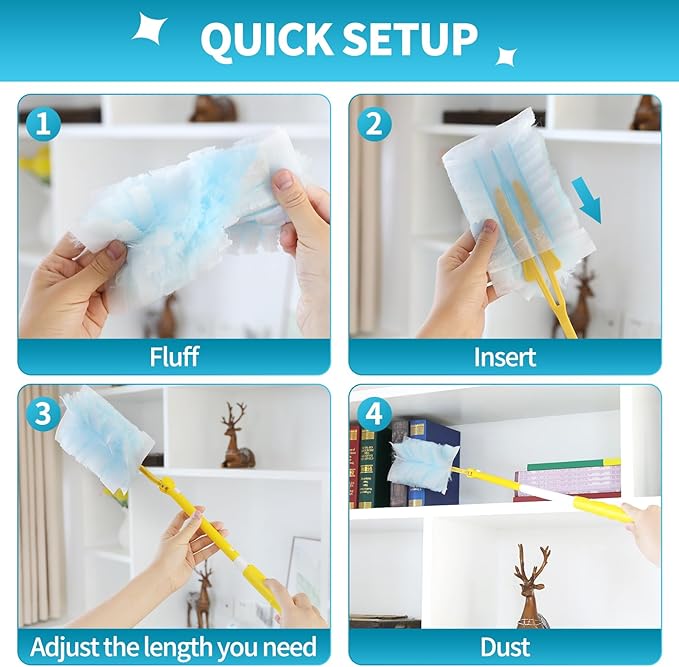 60 Count Microfibre Feather Duster Refills Compatible with Swiffer Dusters, Disposable Static Dust Removal Refills, Multi-Surface Duster with 1 Pcs Retractable Handle(Unscented, Pack of 1)