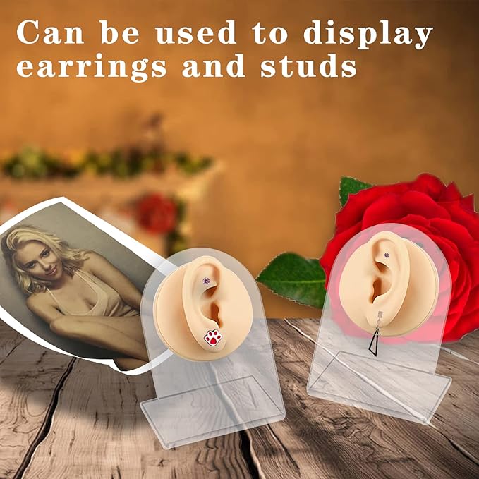 TOUNALKER 1Pcs Soft Silicone Ear Model, Reused Flexible Ear Mold Fake Ear with Acrylic Stand Ears Stud, Simulation Rubber Ear for Piercing Practice Jewelry Display