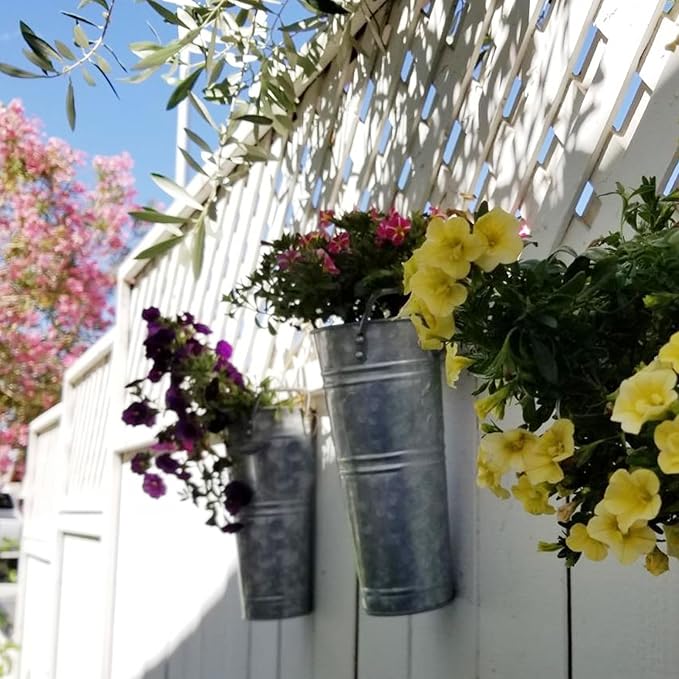 8 Pack 9 Inch Tall Galvanized Flower Bucket, Silver Farmhouse French Flower Bucket with Handle, Rustic Bucket Vintage Metal Vases for Flower, Centerpieces, Floral Wedding Arrangements