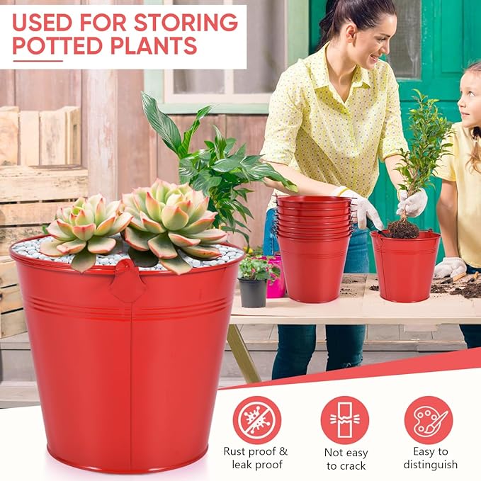 OBTANIM 7 Pack Red Metal Buckets with Handle Galvanized Ice Pails for Plants, Succulents, Party Favors Organizing, Rustic Home Decor or Classrooms Pencil Storage (7.1 x 5.2 inch)