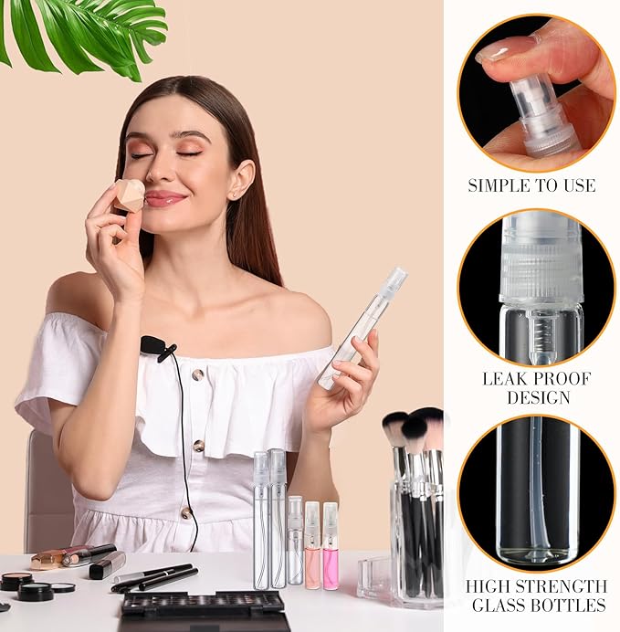 Tanlade 300 Pcs 5ml/10ml Mini Spray Bottles Clear Glass Perfume Atomizer Sprayer Bottles Portable Perfume Travel Refillable Bottle for Travel Pocket Dispenser Container