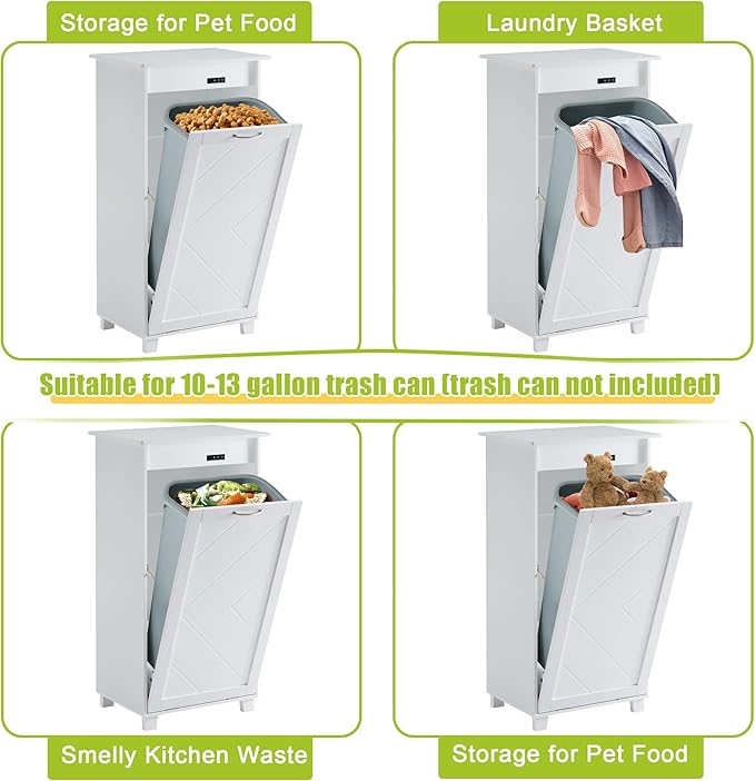 VECELO Tilt Out Kitchen Trash Bin Cabinet, Dog Proof Garbage Can with Wood Holder Free Standing Recycling, Pure White