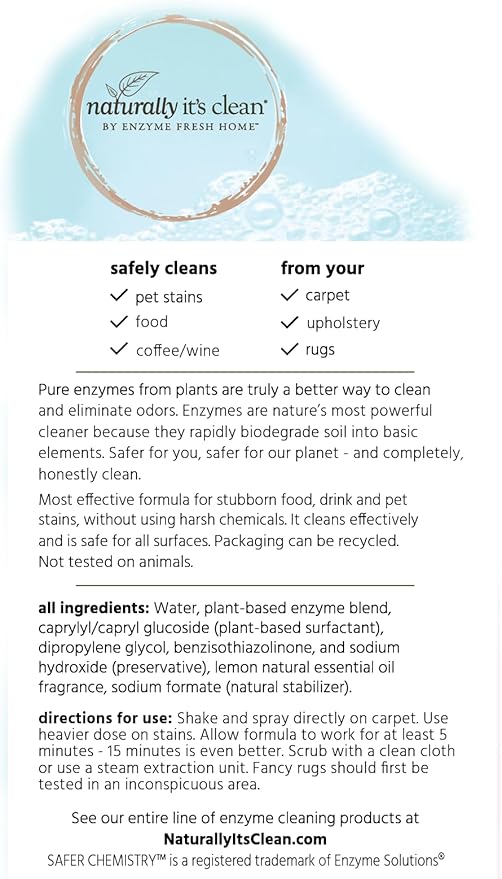 naturally it's clean Carpet Stains & Odors Cleaner; Plant Based Enzyme Safely Cleans Pet/Food Stains, Grease & Ink from Carpets, Rugs, Upholstery & Drapery, 24oz Spray Bottle x 2 Pack