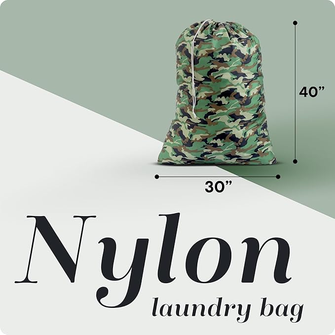 Nylon Laundry Bag - Locking Drawstring Closure and Machine Washable. These Large Bags will Fit a Laundry Basket or Hamper and Strong Enough to Carry up to Three Loads of Clothes. (Camouflage)
