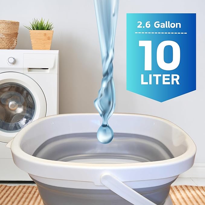 Collapsible Bucket 10L (2.6 Gallon) – BPA-Free Folding Silicone with Handle, Spout & Hook | Compact, Space-Saving for Mop, Cleaning, Car Wash, Camping, Beach, and Outdoor Use (Grey)