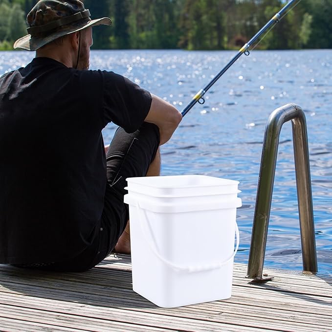 Zopnny 4 Pcs 5 Gallon Square Bucket, White Plastic Buckets with Handles, Snap Food Container Pail with Airtight Lid