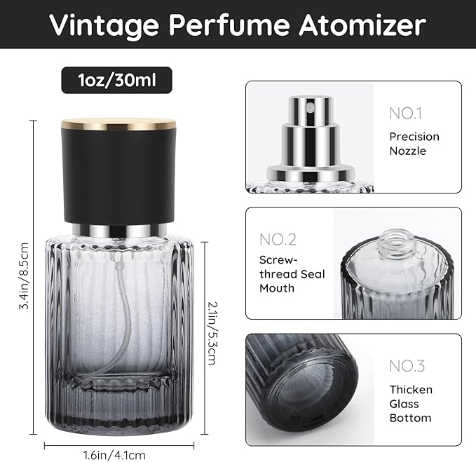 Segbeauty 1oz Perfume Spray Bottle, 30ml Empty Fine Mist Cologne Glass Bottle, Pack of 4 Large Travel Refillable Perfume Dispenser for Fragrance, Black Cologne Atomizer with Transfer Tool for Men