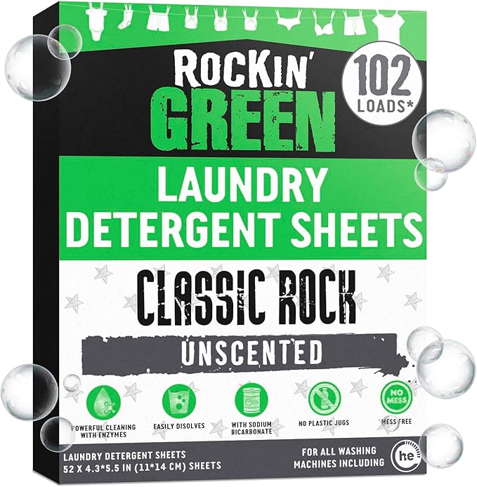 Rockin' Green Travel Laundry Detergent Sheets Unscented - Mess-Free Laundry Sheets Detergent Powerful Cleaning with Sodium Bicarbonate - Easily Dissolvable Laundry Soap Sheet (102 Loads, Unscented)