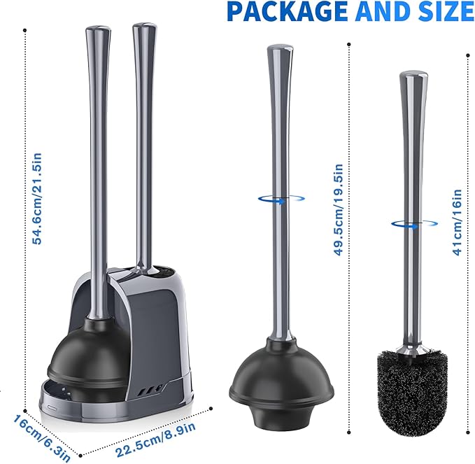 Toilet Plunger and Brush, Bowl Brush and Heavy Duty Toilet Plunger Set with Ventilated Holder, 2-in-1 Toilet Brush and Plunger Combo for 5.3-inch Toilet Drain Bathroom Cleaning (Gray, 1 Set)