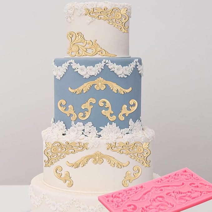 Vintage Curlicues Silicone Molds, Baroque Style Corner Relief Chocolate Molds, Filigree Scroll Flower Sculpted Cake Border Fondant Baking Molds for Cake Decoration Candy Clay Resin