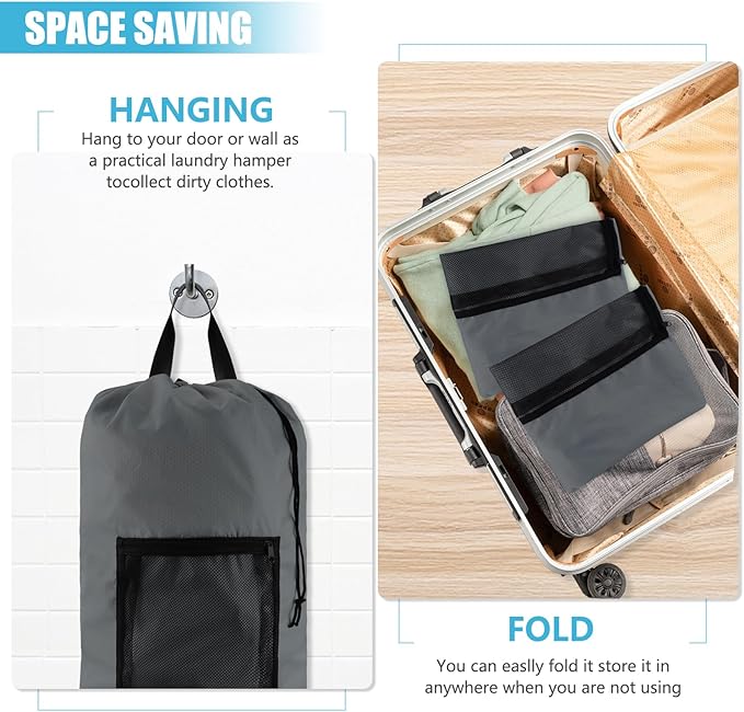 Laundry Bag Backpack, 2PCS Extra Large Travel Laundry Bag with Mesh Pocket & Adjustable Shoulder Straps,Dirty Clothes Travel Bag for College Students Dorm,Apartment(Grey)