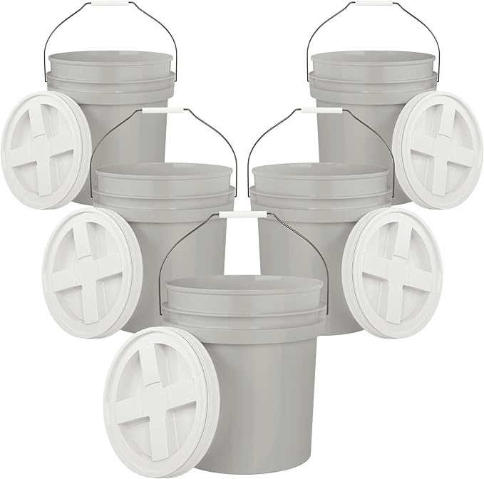 5-Gallon Grey Bucket Pail with Gamma Seal Screw on Airtight Lid, Metal Handles with Plastic Grip for Easy Carrying, Easy Stack and Store, Heavy-Duty 90MIL Extra Durable, Food Grade, BPA Free - 5 Pack