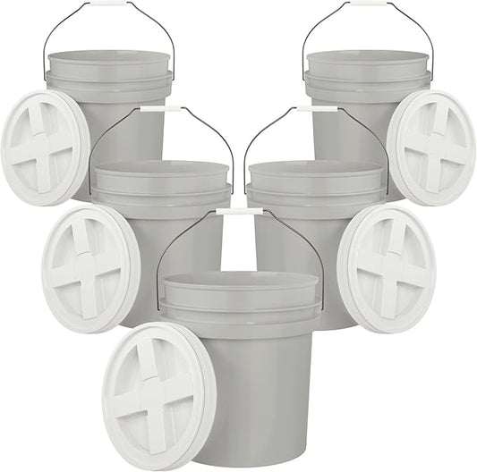 5-Gallon Grey Bucket Pail with Gamma Seal Screw on Airtight Lid, Metal Handles with Plastic Grip for Easy Carrying, Easy Stack and Store, Heavy-Duty 90MIL Extra Durable, Food Grade, BPA Free - 5 Pack