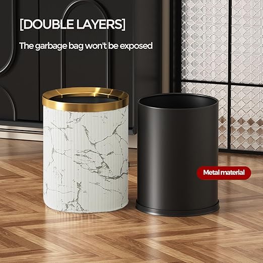 Small Fancy Bathroom Trash Can, Metal Trash can Covered with Leather, Open Top,Hide The Garbage Bag, Bathroom, Living Room, Bedroom, Office, Bank, Hotel (12l-Chinese Style)