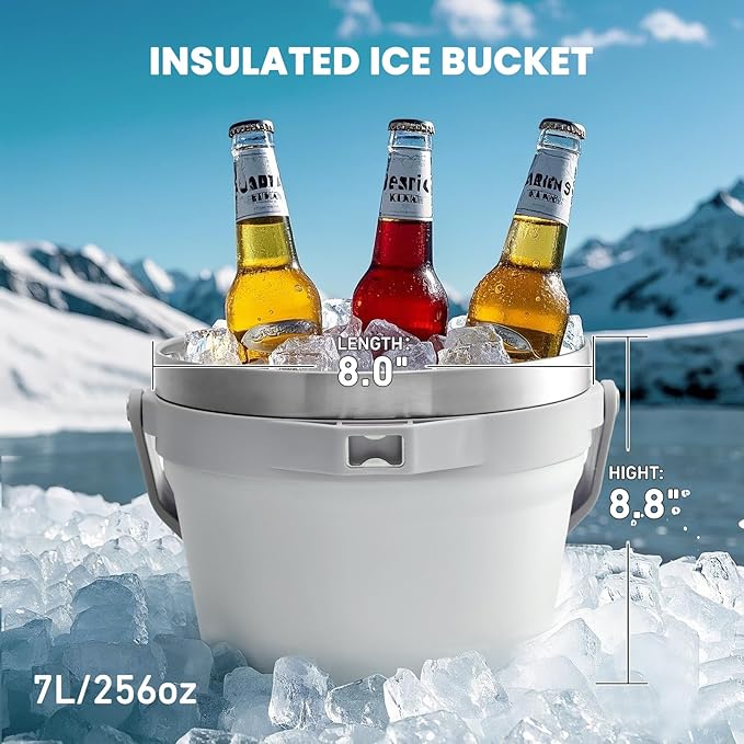 COKTIK 7L Insulated Ice Bucket with Lid，Double Wall Vacuum Stainless Steel Beverage Bucket Keeps Frozen Longer，Holds 6 Longnecks or 3 Bottles of Wine，for hot food, Large Parties(No Accessories, White)