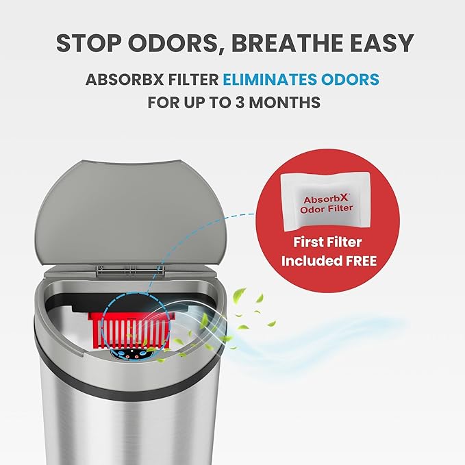 iTouchless 50 Liter / 13 Gallon Kitchen Trash Can with Lid & Odor Filter – Motion Sensor Semi-Round Stainless Steel Garbage Bin for Home, Office, or Garage – Slim, Wide Opening Large Capacity Design
