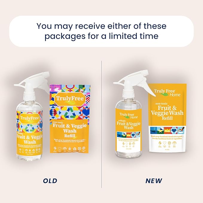 Truly Free Natural Fruit and Veggie Wash Kit - Produce Cleaner Spray (16oz Reusable Empty Bottle + Two Pouches, 3oz ea.) - DIY Vegetable Washer & Fruit Cleanser