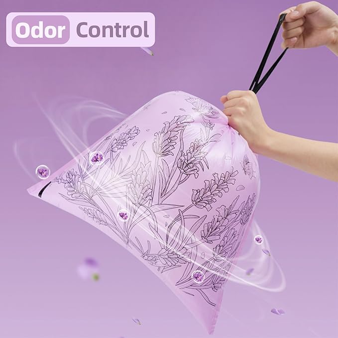 13 Gallon Trash Bags Drawstring, 50 Count Tall Kitchen Trash Bags, Sturdy Large Trash Bags, Lavender Printed Garbage Bags 13 Gallon Tall Kitchen, Tear Resistant Garbage Bags for Kitchen, Bathroom